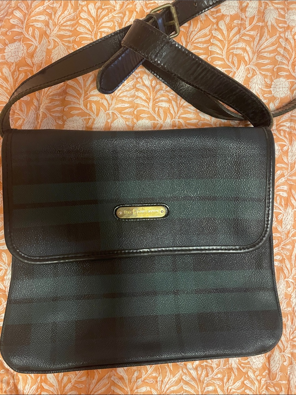 Polo by Ralph Lauren Black and Dark Green Plaid Leather Crossbody Shoulder Bag